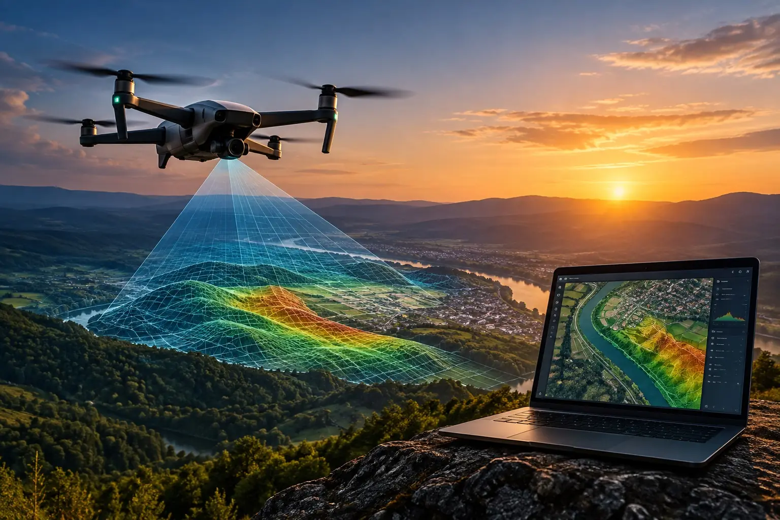 Dronă care scanează terenul, cu modelul 3D afișat pe un laptop